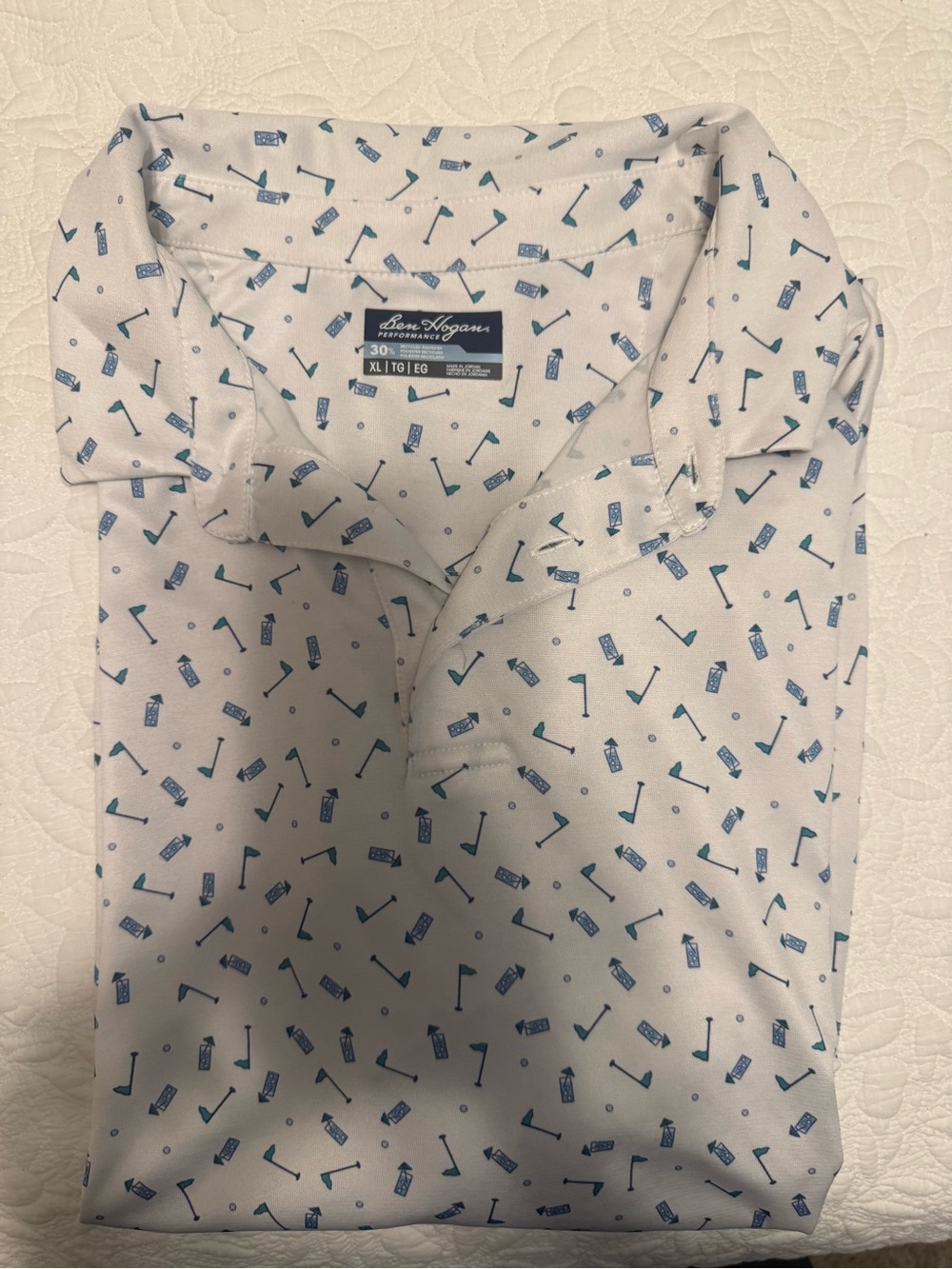 Hogan White Polo with Blue Golf Motif